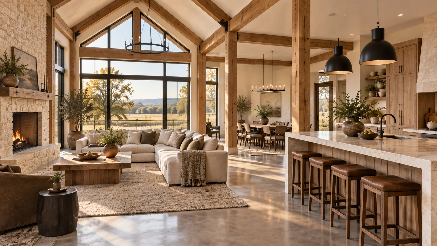 Open concept barndominium with connected living, dining and kitchen zones, oak framing, limestone and oatmeal seating in afternoon light.