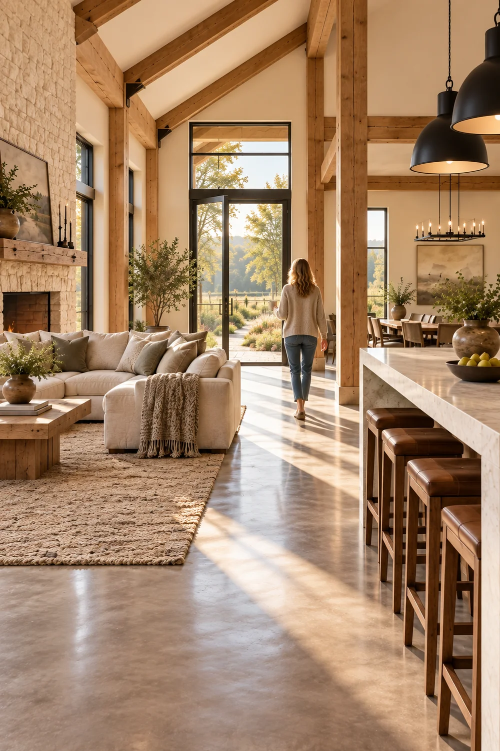 Woman walking along a clear route between the kitchen, barndominium living room and glazed garden door in morning light.