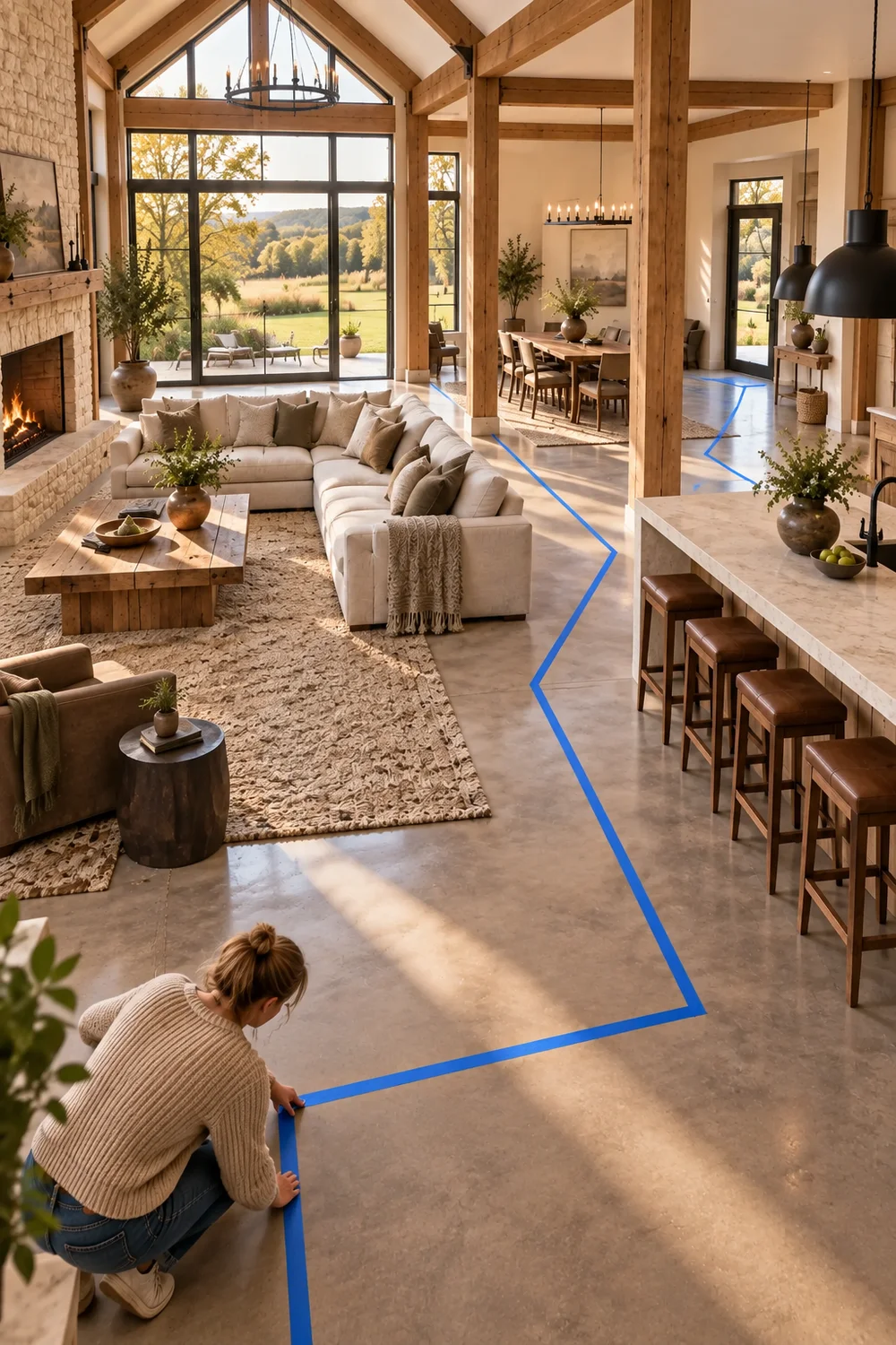 Homeowner placing painter tape on a concrete floor to test a clear route through an open barndominium living room.