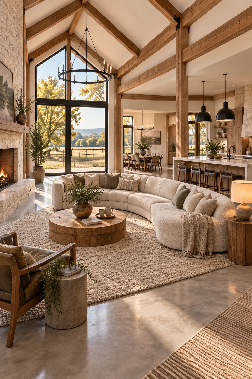 Curved oatmeal sectional floating on a broad wool rug with clear routes through an open barndominium living room.