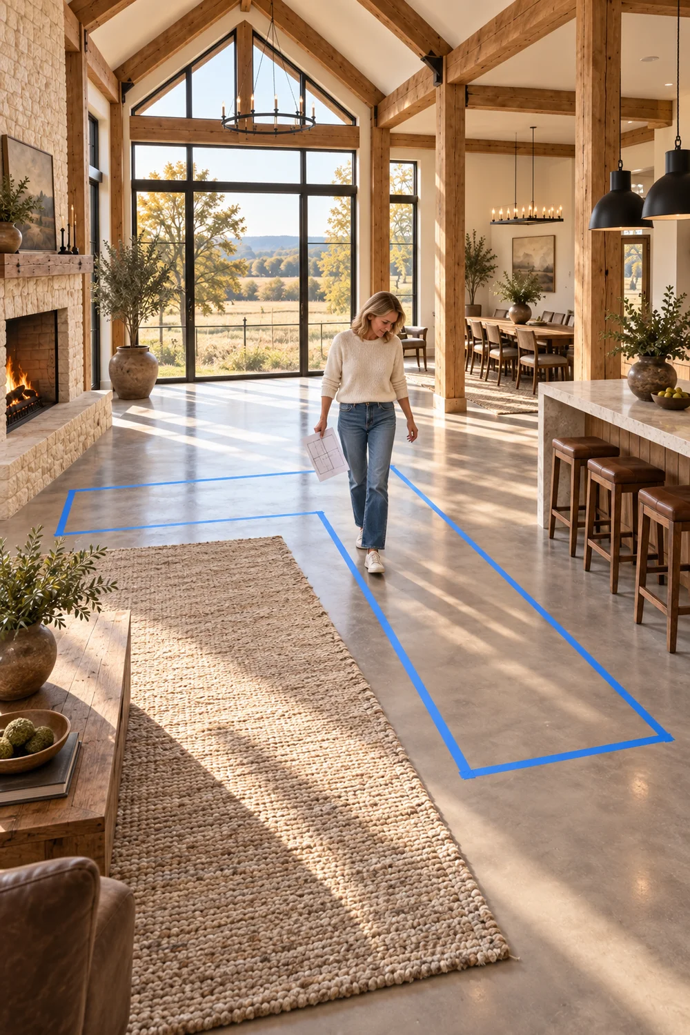 Woman walking around a taped sectional outline on the concrete floor of an oak framed barndominium living room.