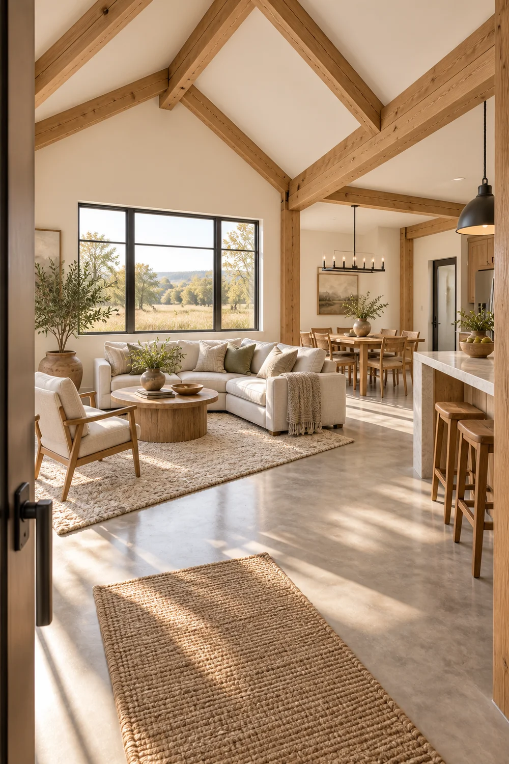 Compact barndominium with a clear living group, oak dining table and open route into the kitchen.