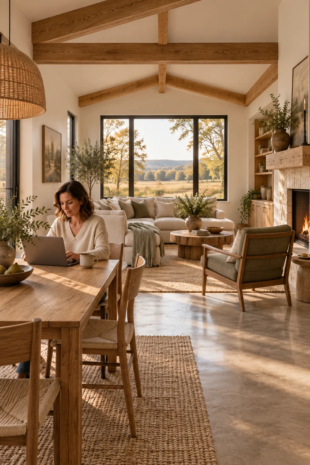 Woman working at an oak dining table beside a compact barndominium living room with flexible seating and a garden view.