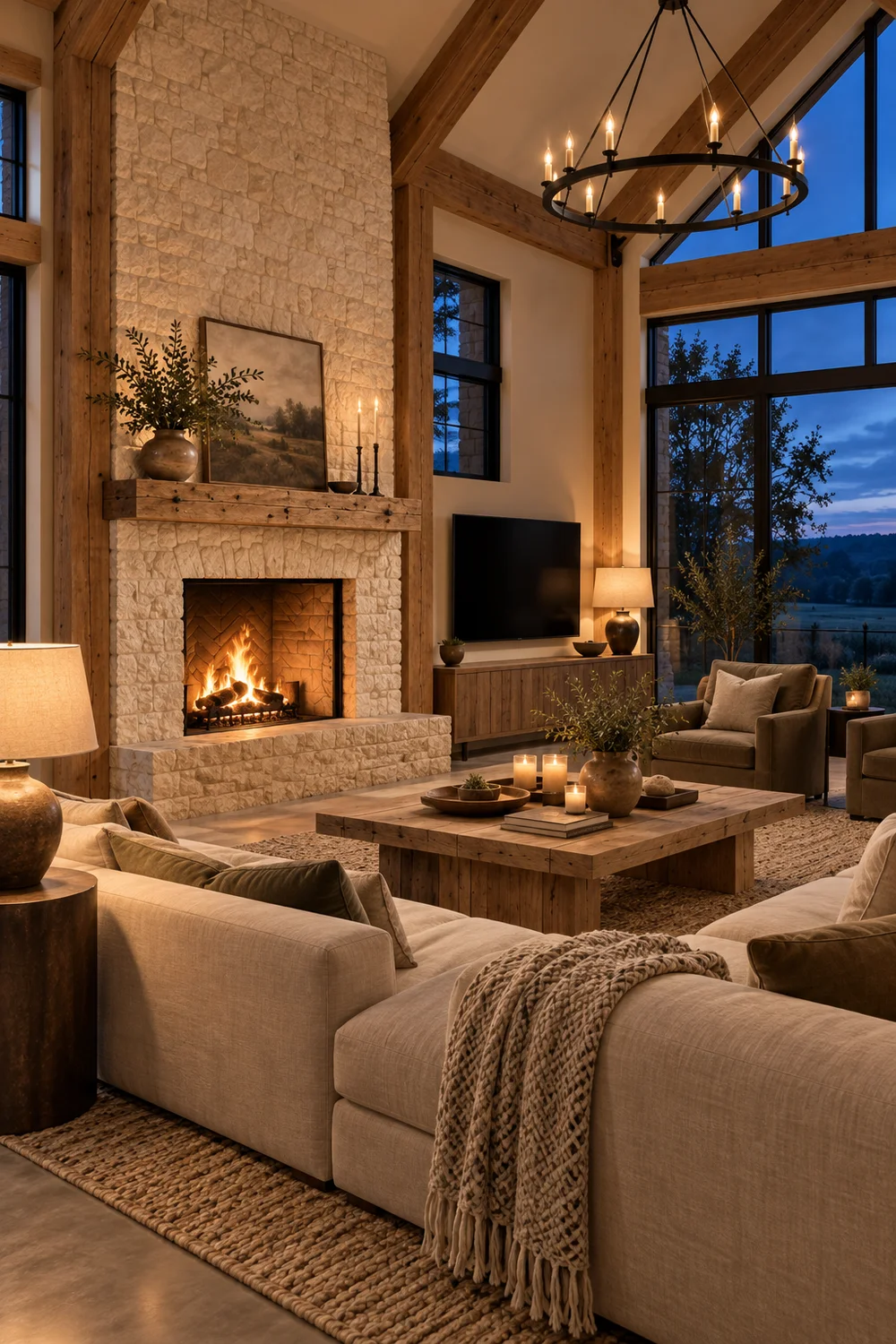 Limestone fireplace leading a warm barndominium living room with a separate television and layered evening light.