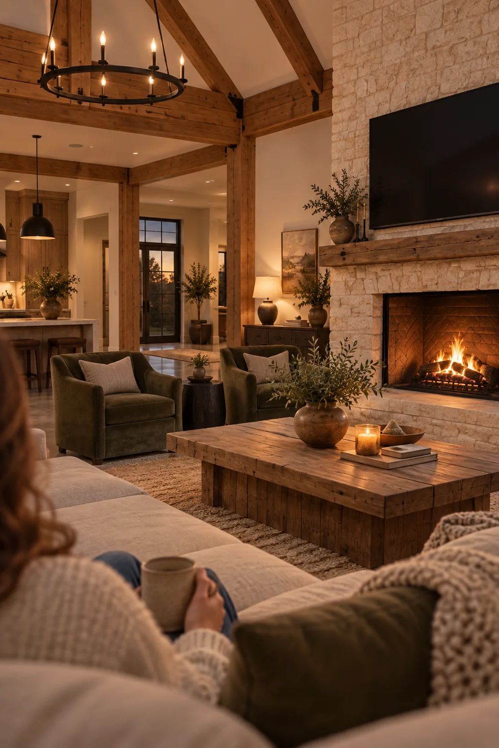 Seated view across a barndominium living room towards a limestone fireplace, separate television and olive chairs.