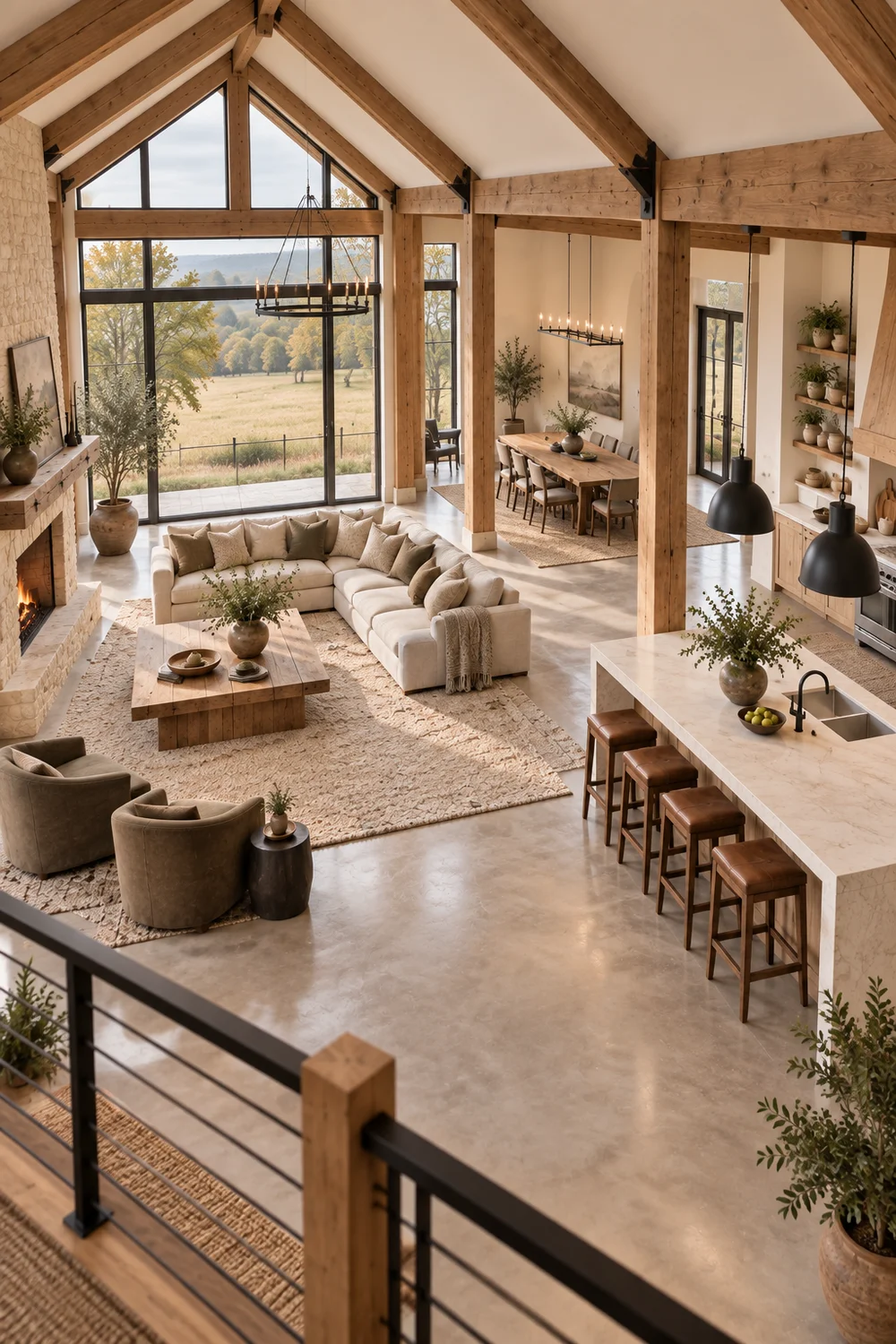 Elevated view of connected living, dining and kitchen zones inside a bright oak framed barndominium.