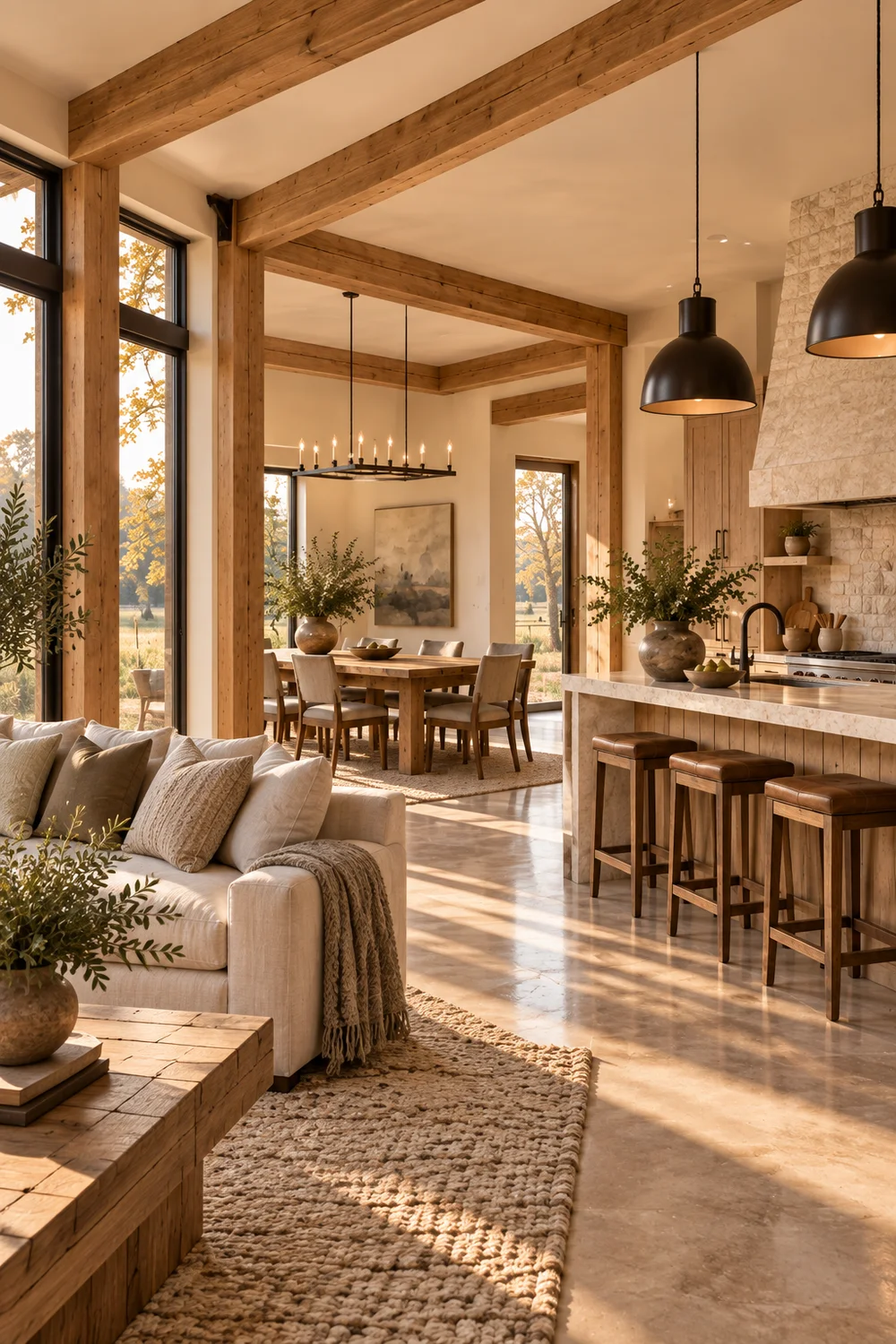 Oak, warm white walls, oatmeal linen and limestone connecting the living, dining and kitchen zones of a barndominium.