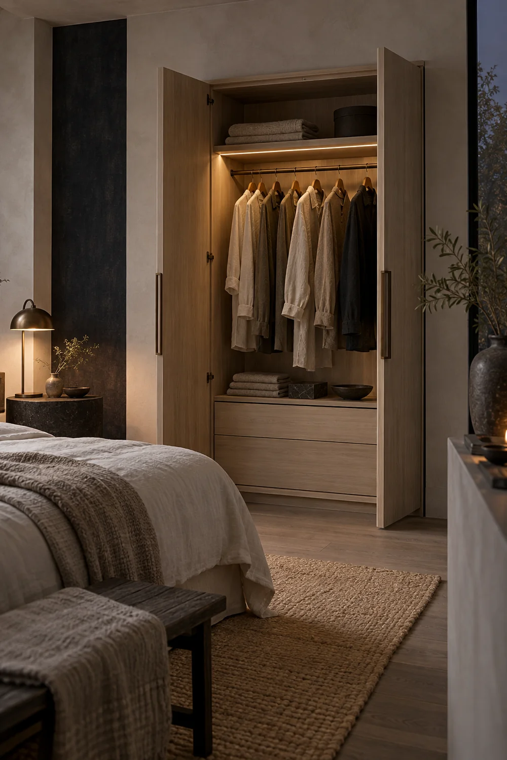 Open pale ash wardrobe with warm contained light in a blackened indigo Japandi bedroom