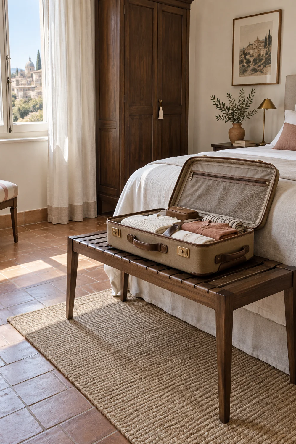 Open suitcase on a walnut luggage bench without blocking an Italian guest bedroom