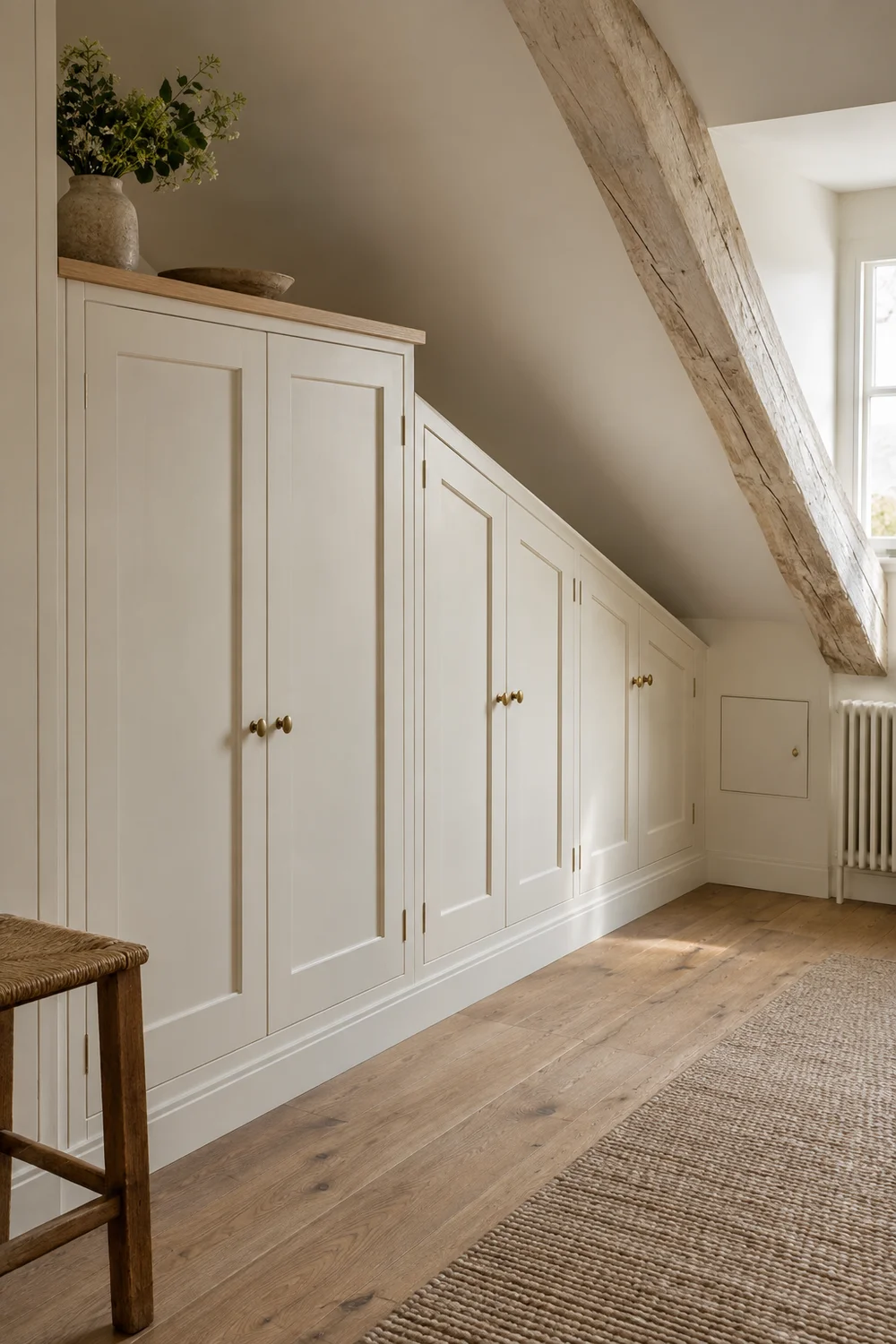 Painted cupboards stepping down beneath low attic eaves with aged brass knobs and an oak floor