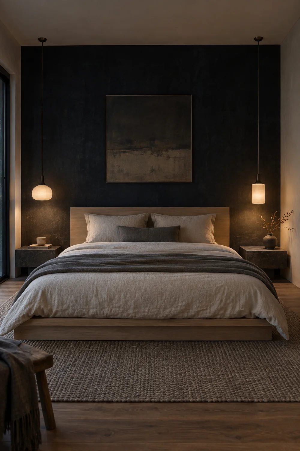 Pair of parchment bedside pendants framing a pale ash Japandi bed