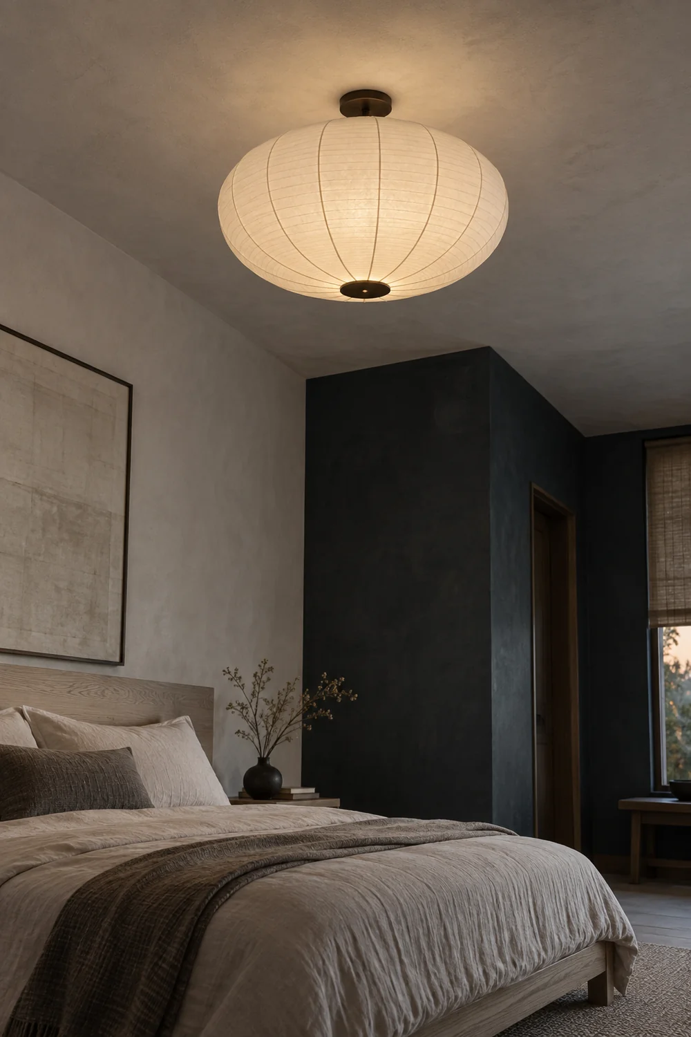 Parchment paper ceiling light above a smoke white Japandi bedroom with pale ash furniture