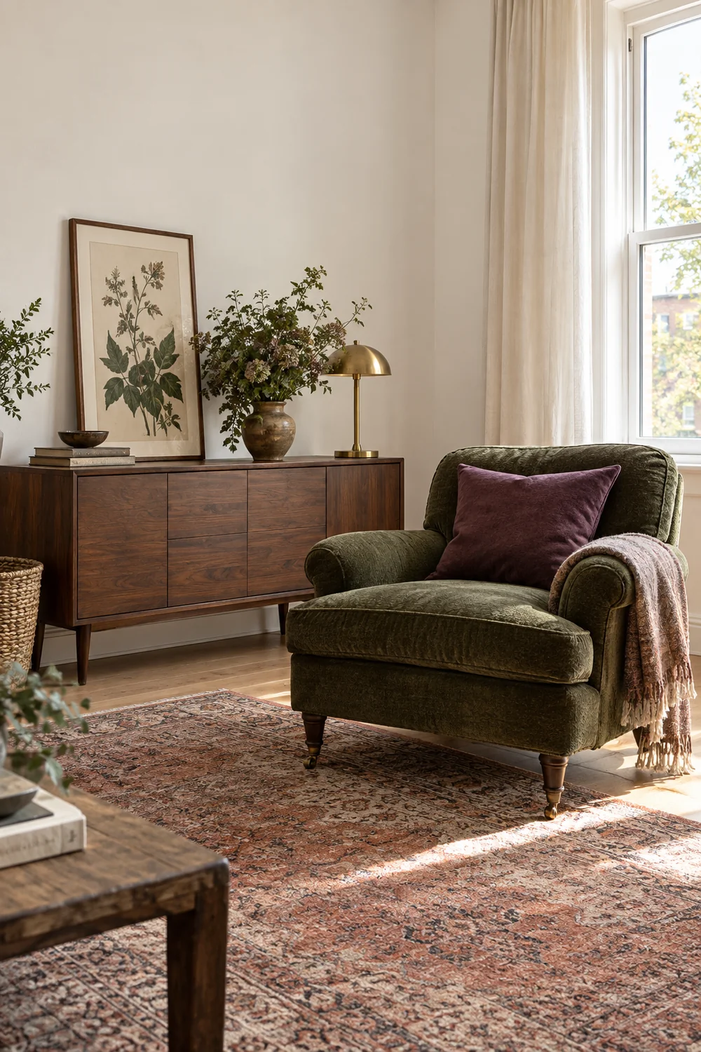 Portable moss armchair walnut table brass lamp and layered textiles against a pale rental wall
