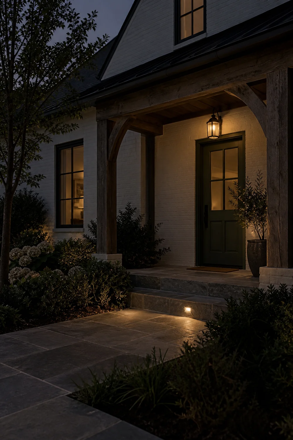 Quiet farmhouse entrance with green door lantern and one lit step at night