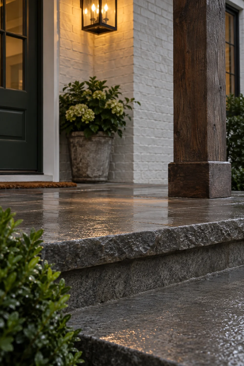 Rain damp limestone entry steps beneath a glowing farmhouse porch lantern