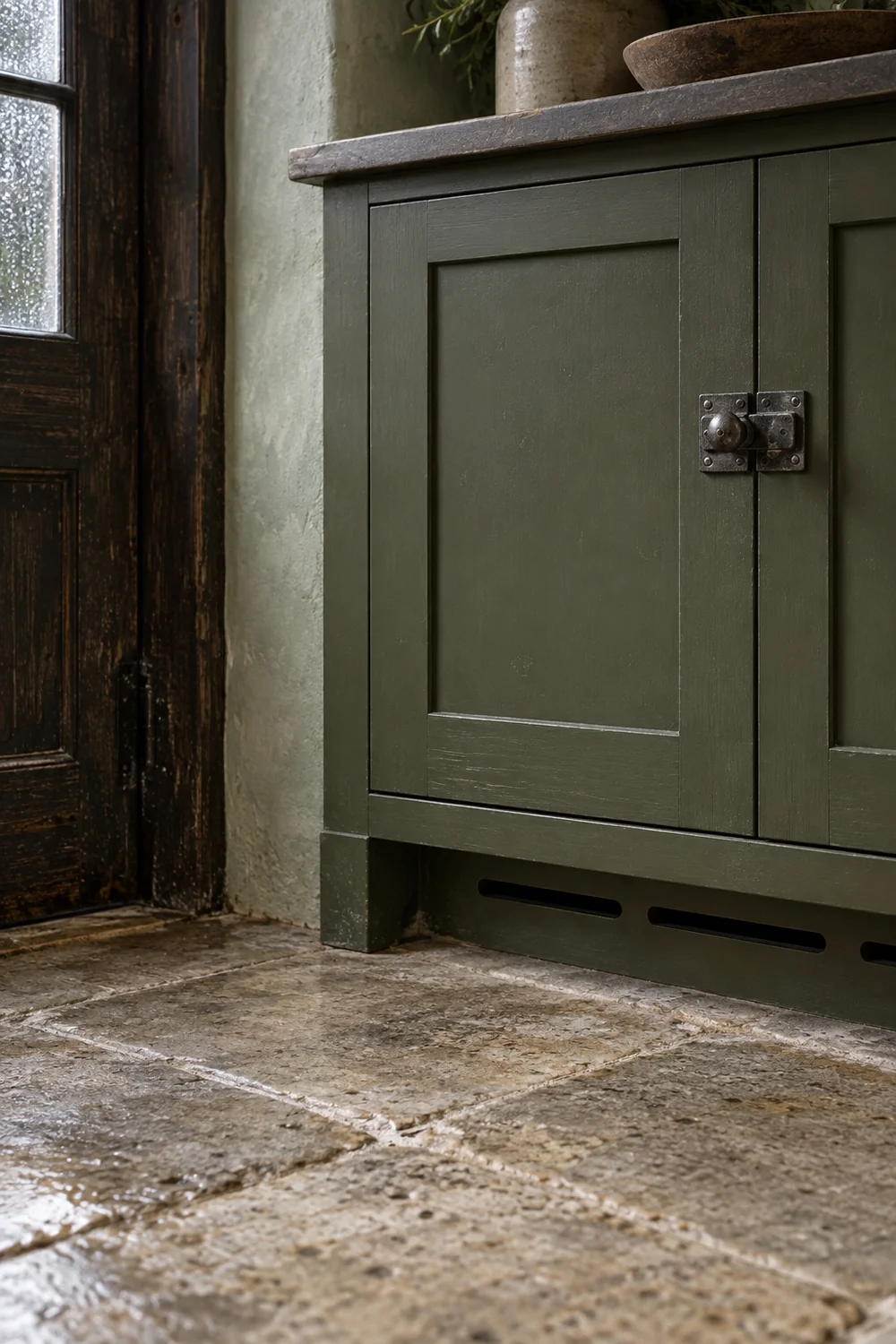 Raised olive mudroom cupboard with aged pewter latch and a ventilated base