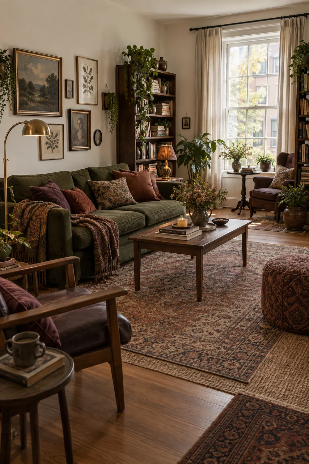 Rental living room with pale walls moss sofa plum chair walnut shelves faded rugs and a clear walking route