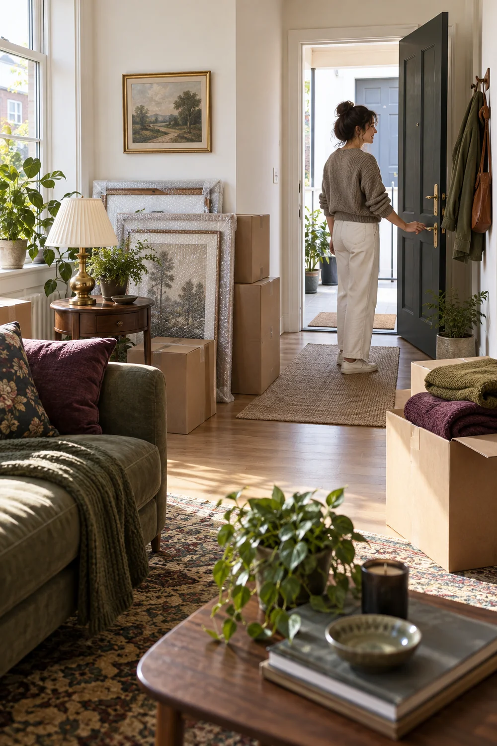 Renter checking a clear apartment doorway beside packed textiles portable lamps framed art and moving boxes