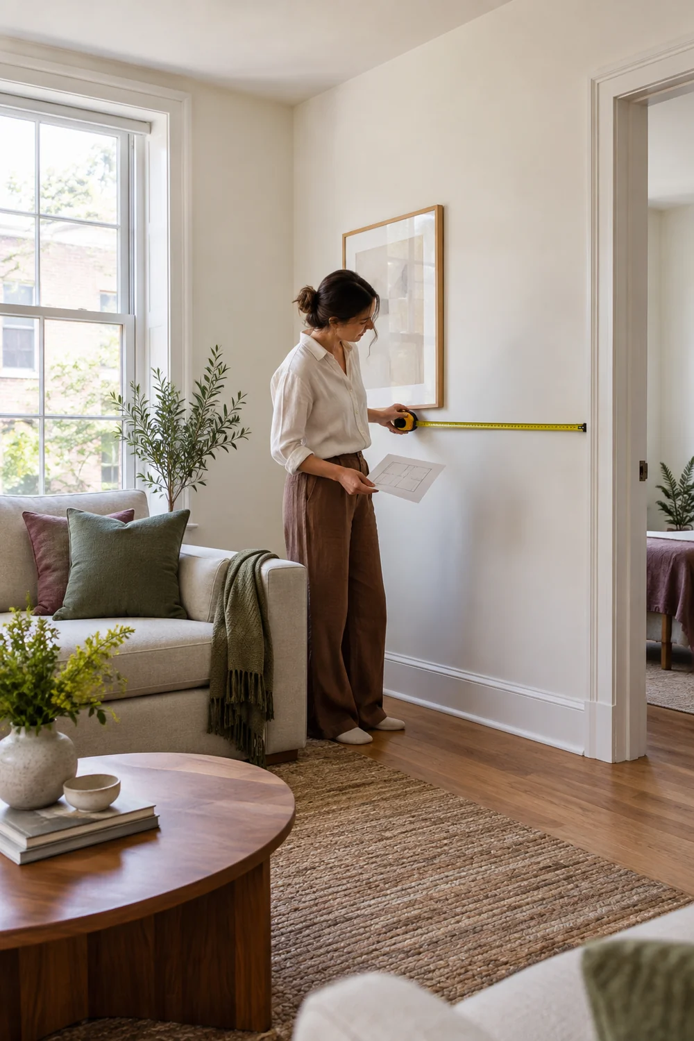 Renter measuring a bright apartment room before arranging portable dark cottagecore furniture