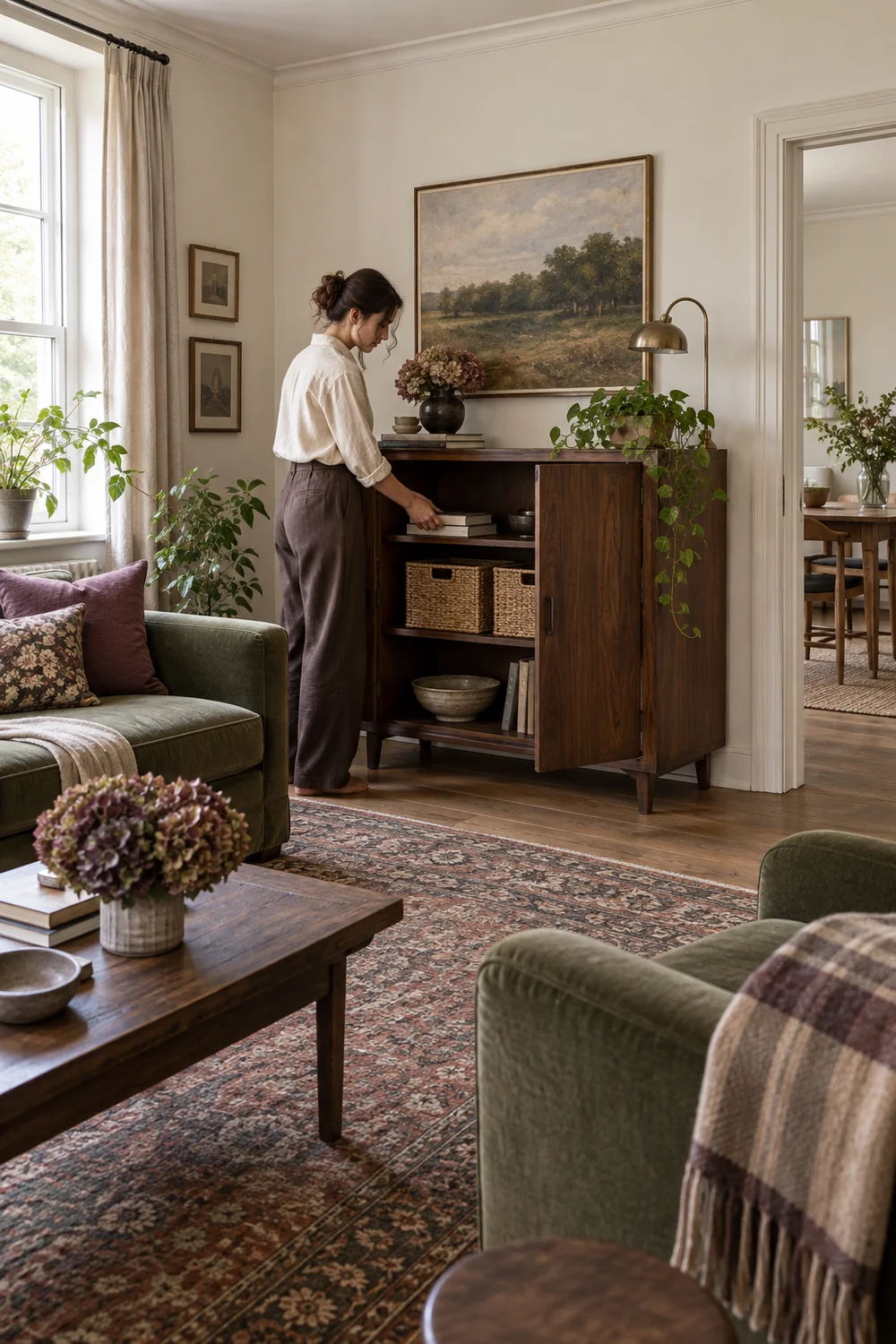 Renter placing a book in a walnut cabinet beside baskets and a portable lamp in a bright dark cottagecore living room