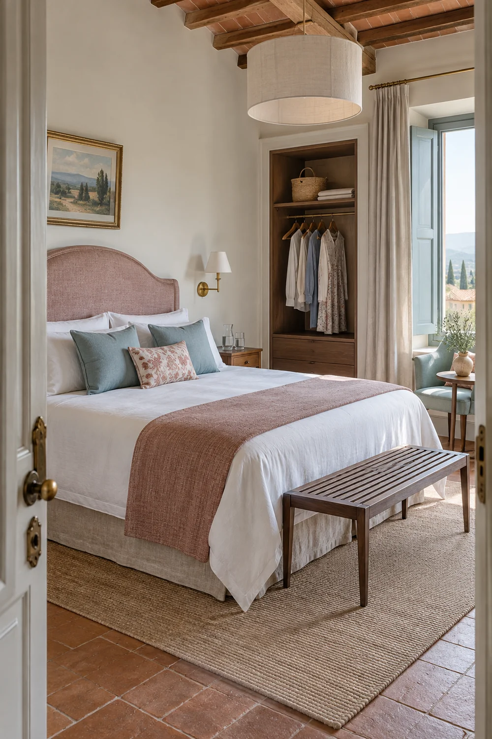Reset Italian guest bedroom with an empty luggage bench open wardrobe and fresh linen