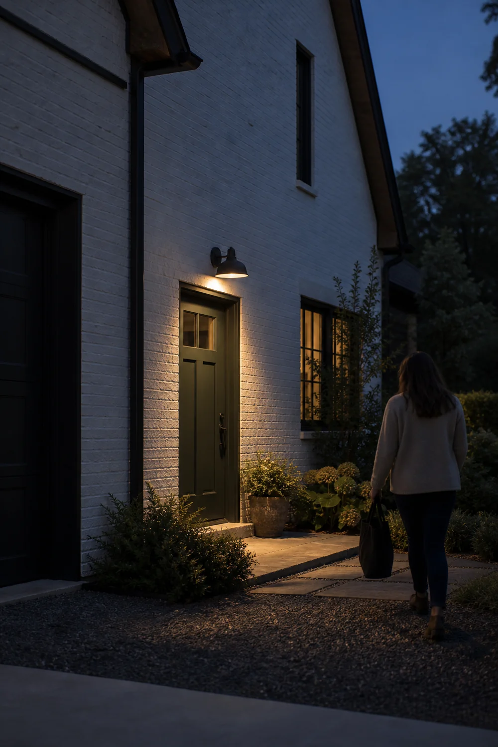 Resident carrying a bag toward green farmhouse side door beneath a warm barn light