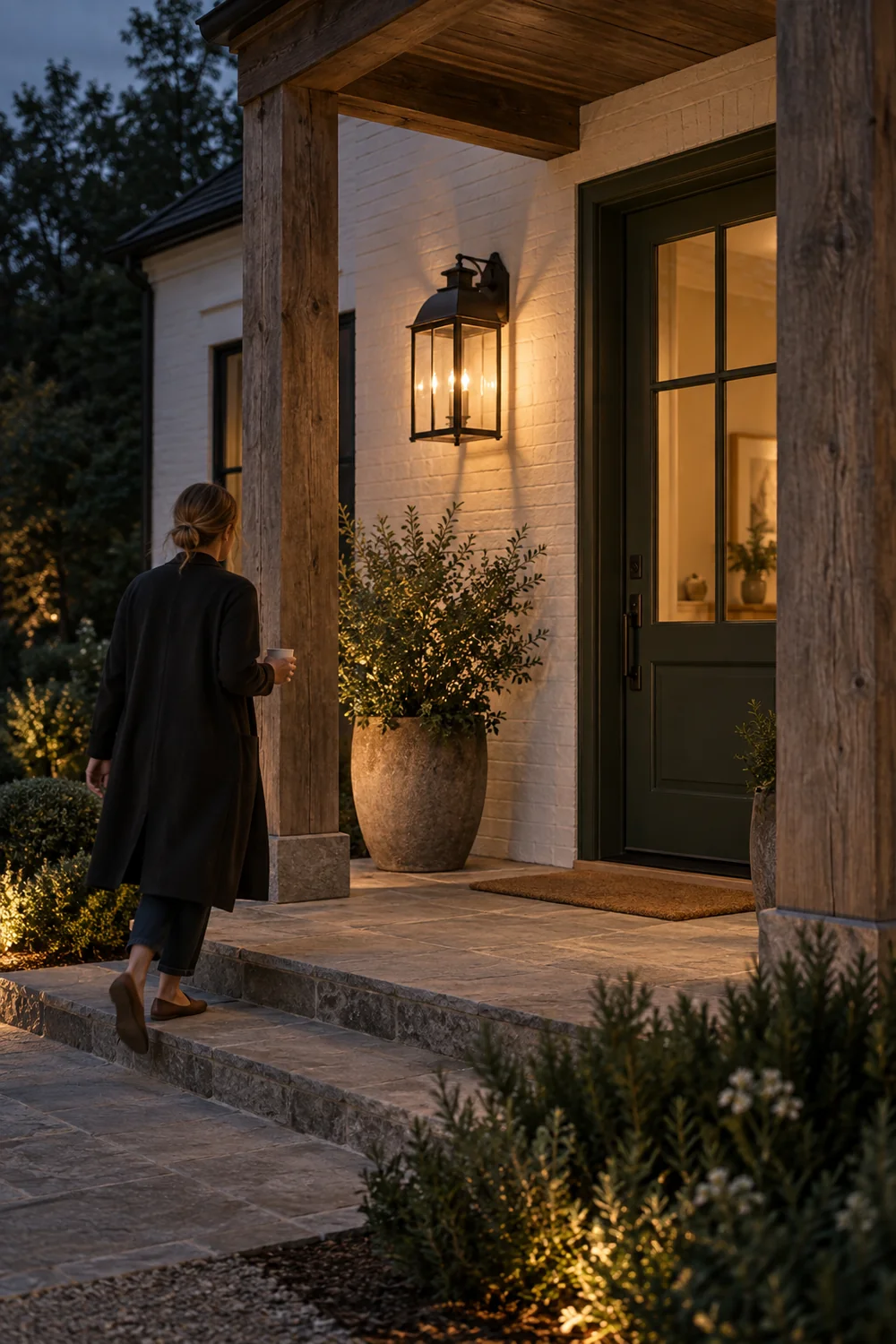 Resident carrying a cup toward green farmhouse door beneath a glowing wall lantern