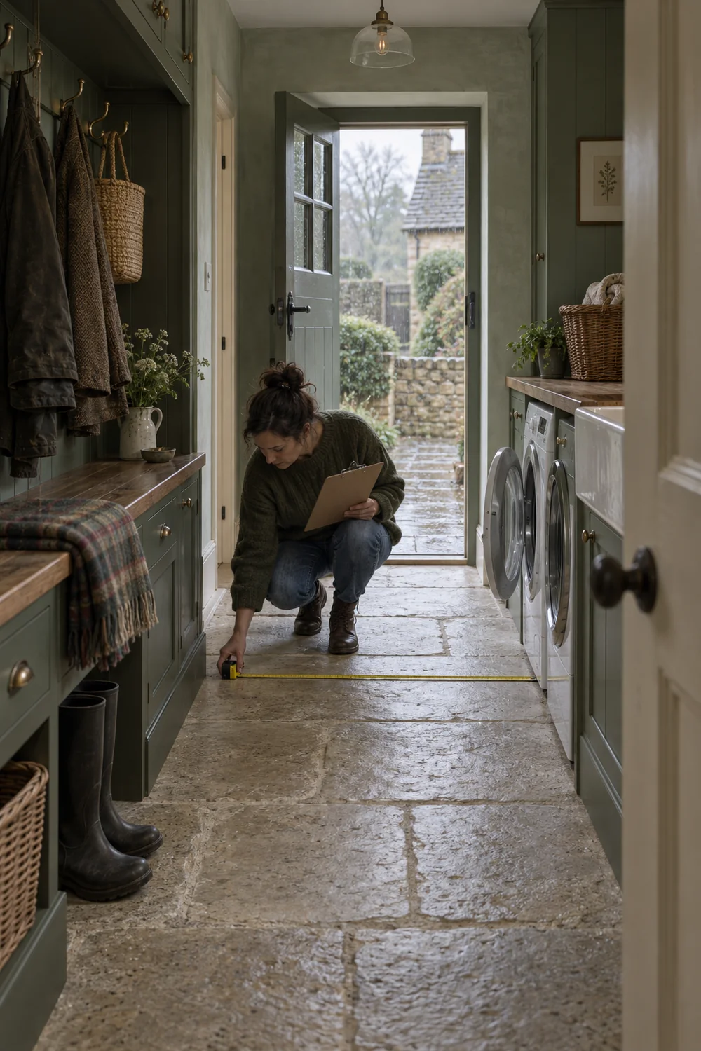 Resident measuring the clear passage in a narrow mudroom laundry room