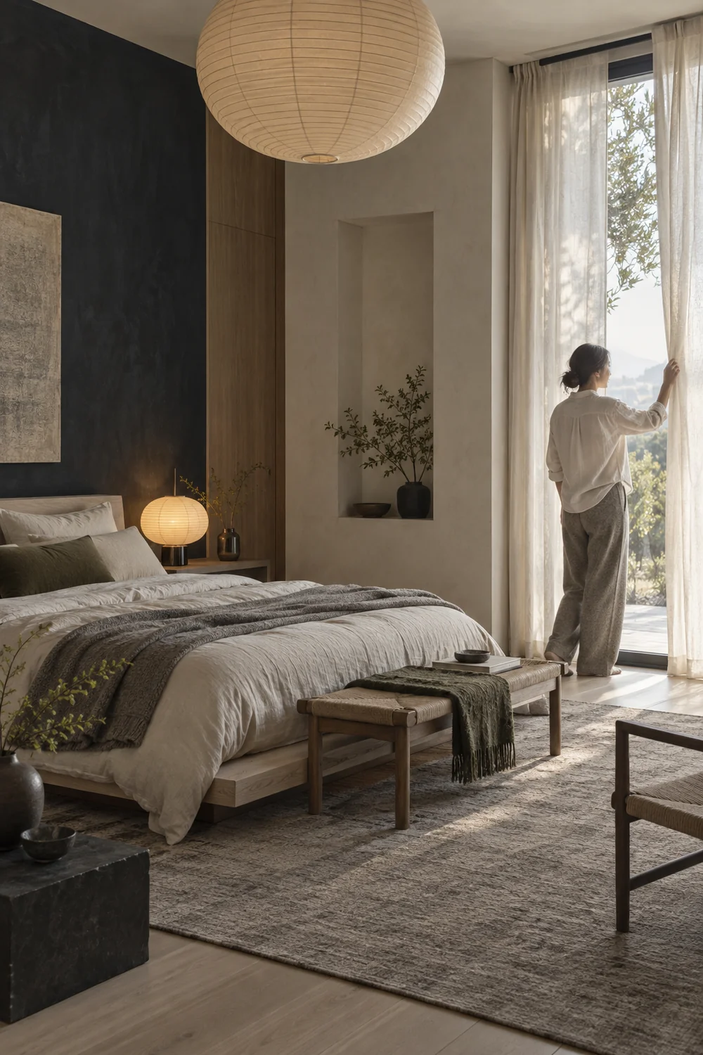 Resident opening linen curtains in a pale ash and blackened indigo Japandi bedroom