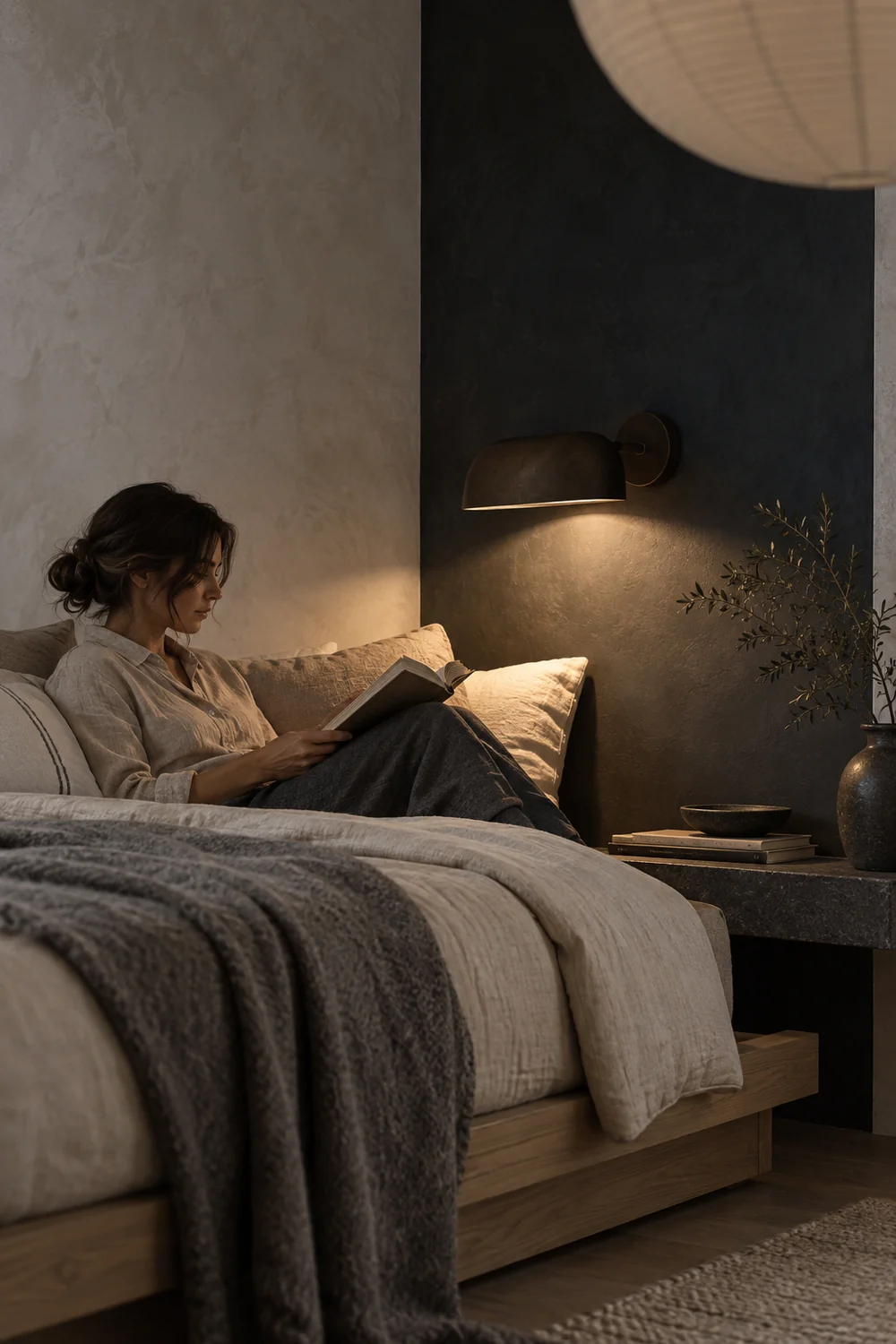 Resident reading beneath a bronze wall light beside a pale ash Japandi bed