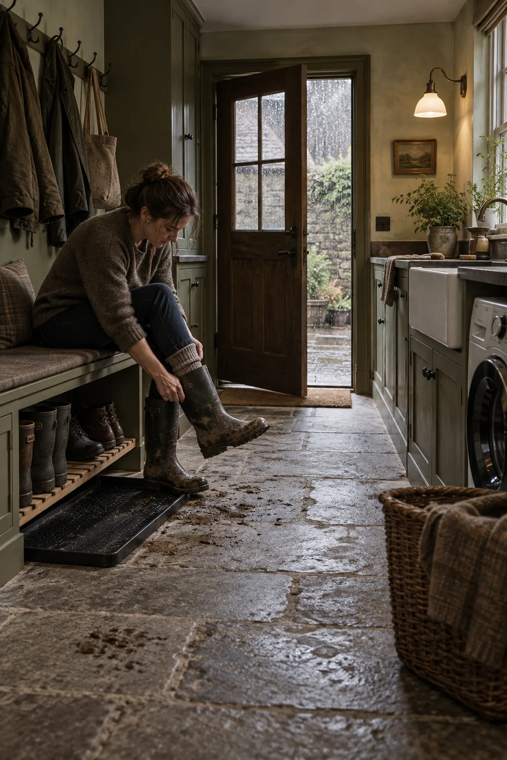 Resident removing muddy boots at an olive boot bench with a washable tray