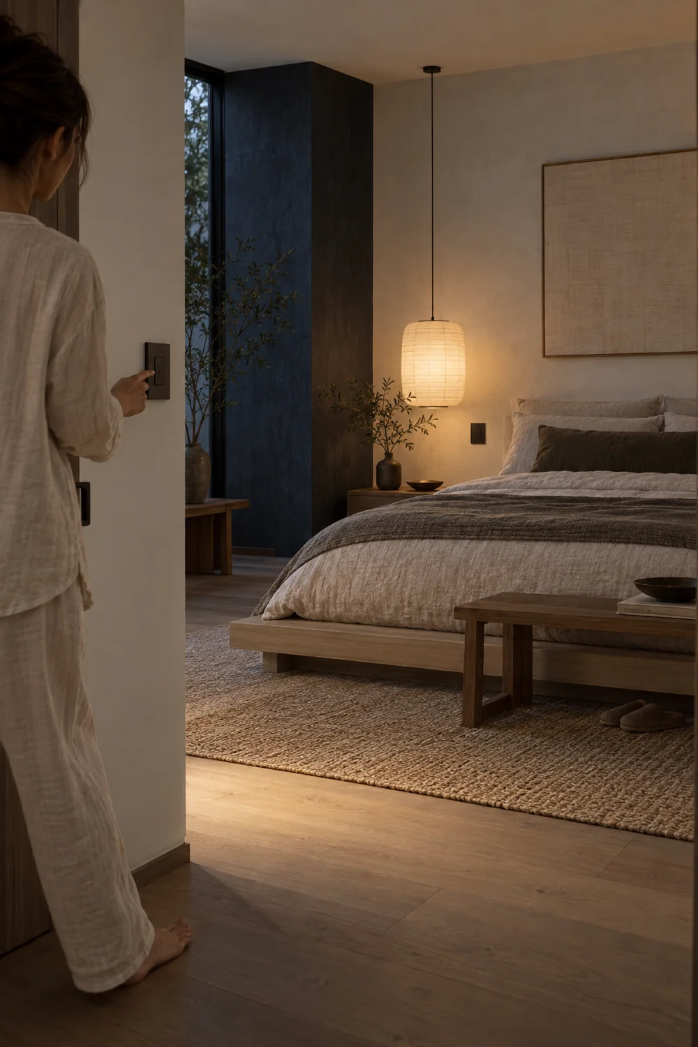 Resident using an entry light control in a calm Japandi bedroom at dusk