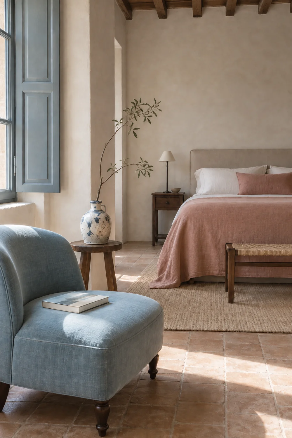 Restrained Italian guest bedroom with a sea glass blue chair one book and one branch
