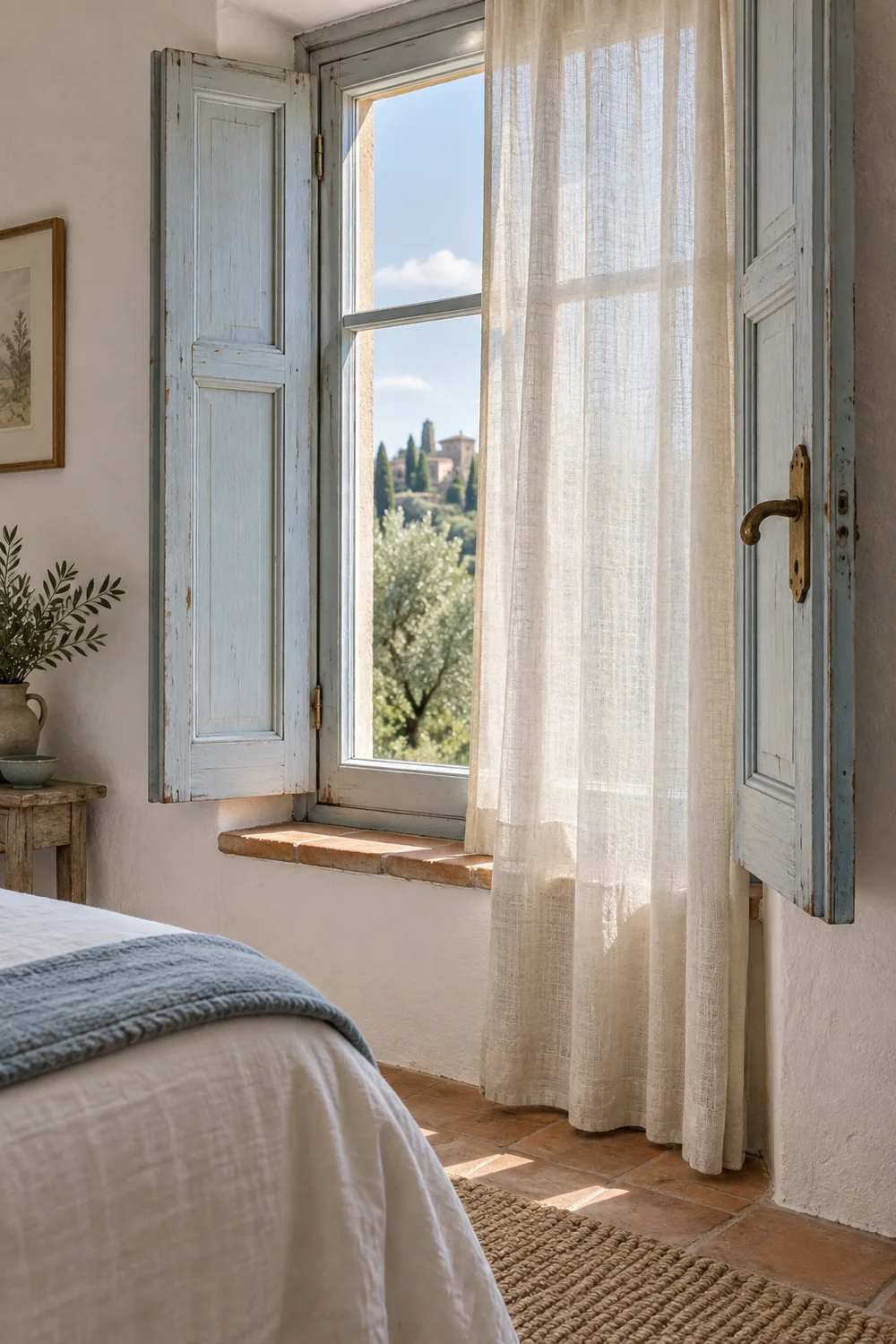 Sea glass blue shutters and light linen curtains controlling sun in an Italian bedroom