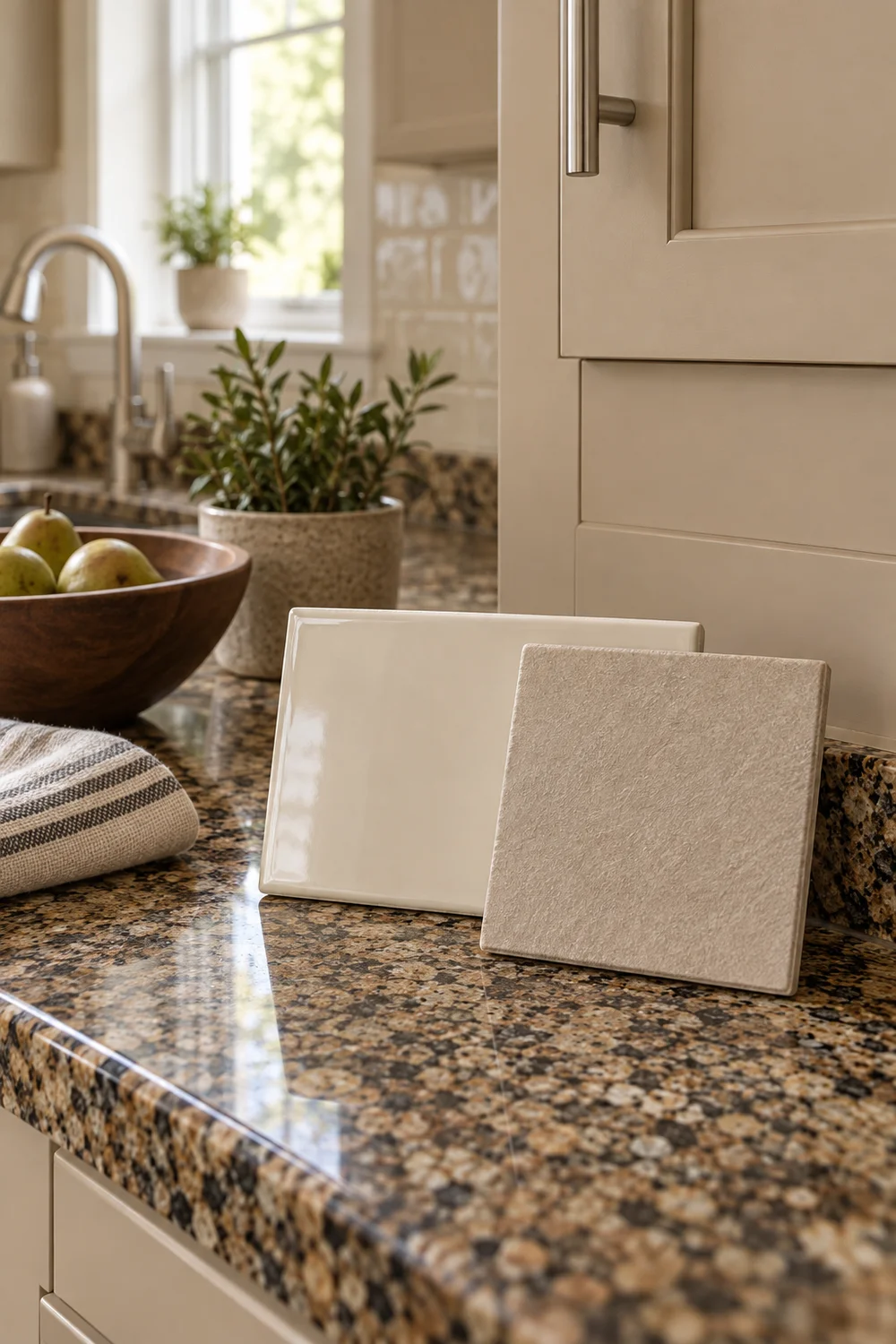 Smooth cream and textured mushroom tile samples on granite beside a beige cabinet