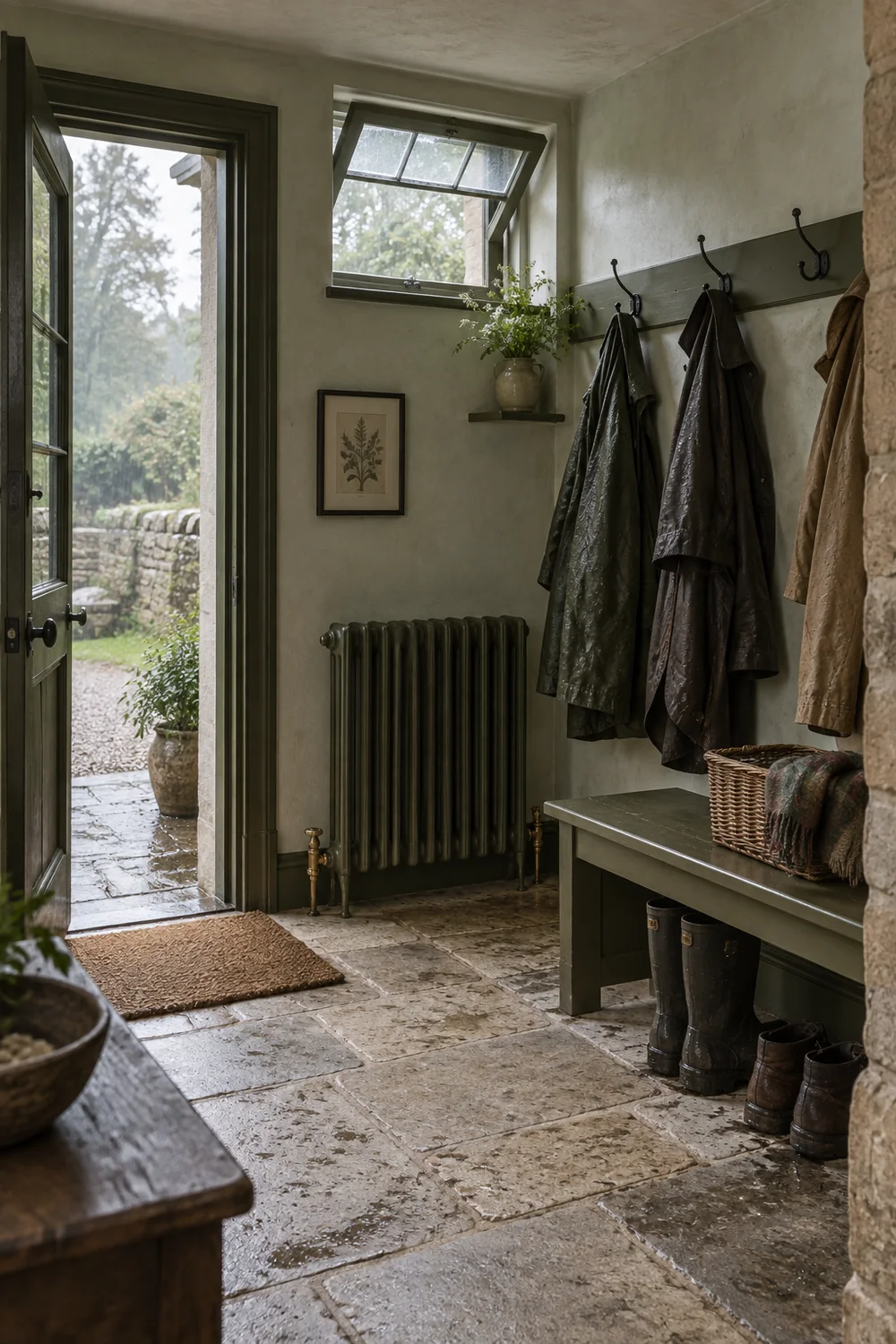 Spaced wet coats open window vent and safe radiator in a country mudroom