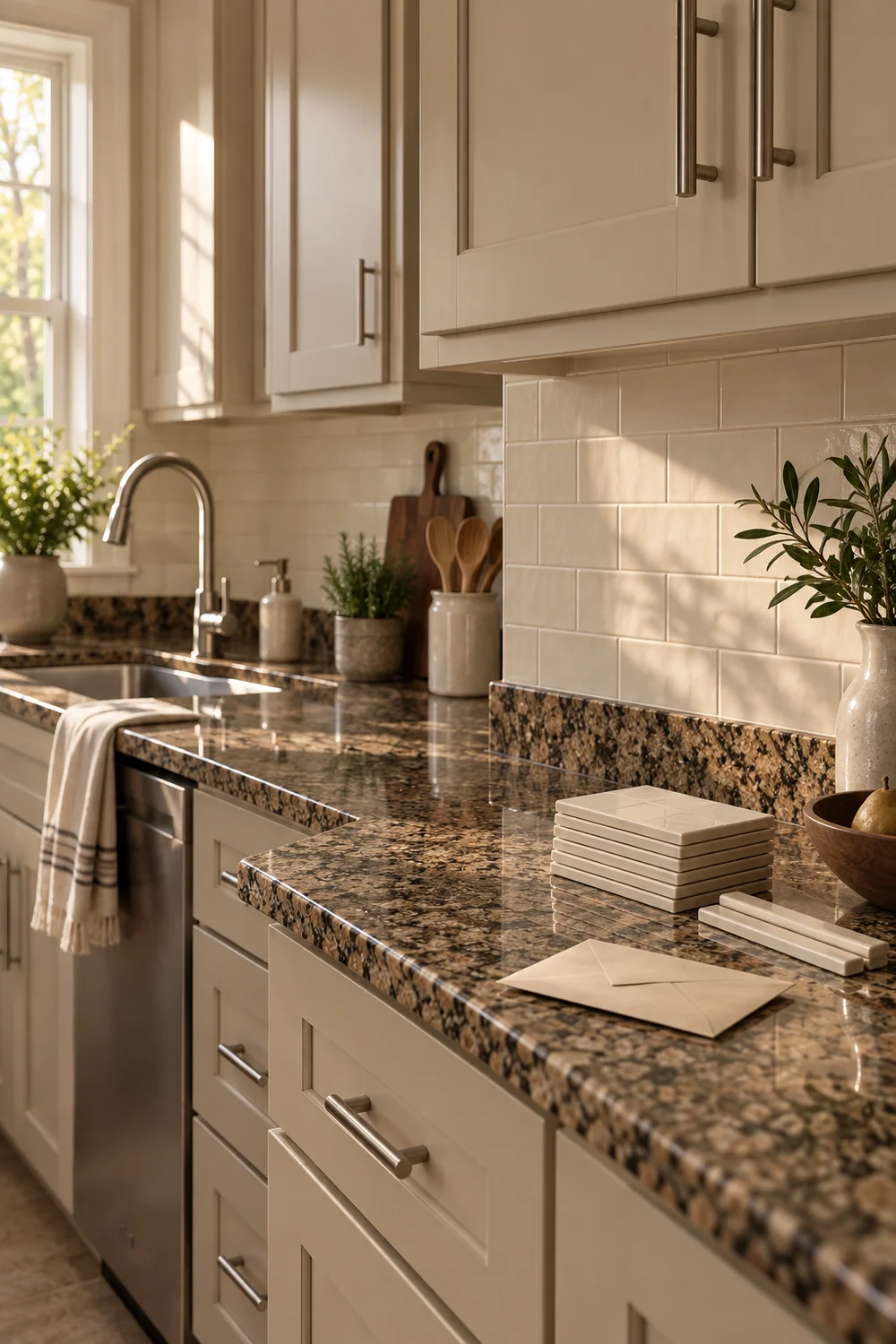 Stacked cream spare tiles and trim on granite beneath beige kitchen cabinets