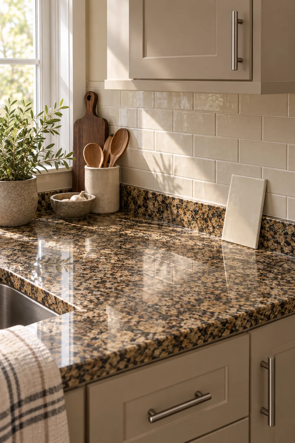 Sunlight across speckled brown granite with a cream tile sample below beige cabinets