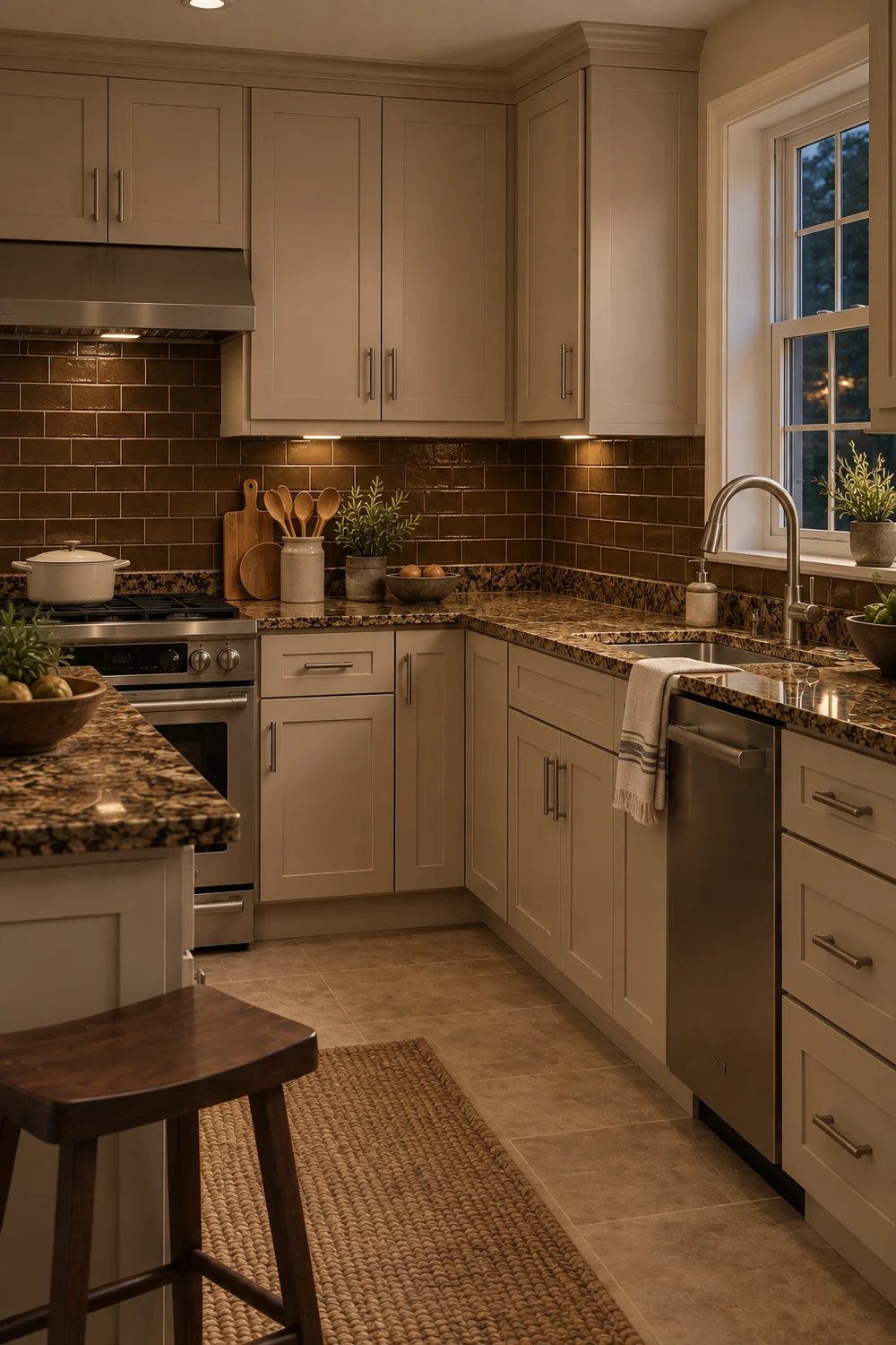 Tobacco brown tile and beige kitchen cabinets above granite counters in evening light