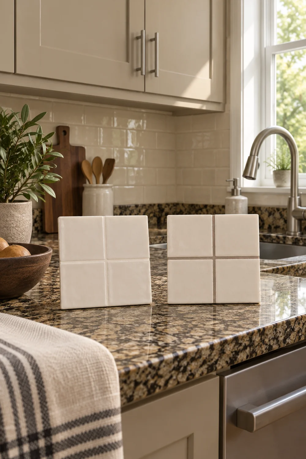 Two cream tile panels with pale and darker grout standing on a granite kitchen counter