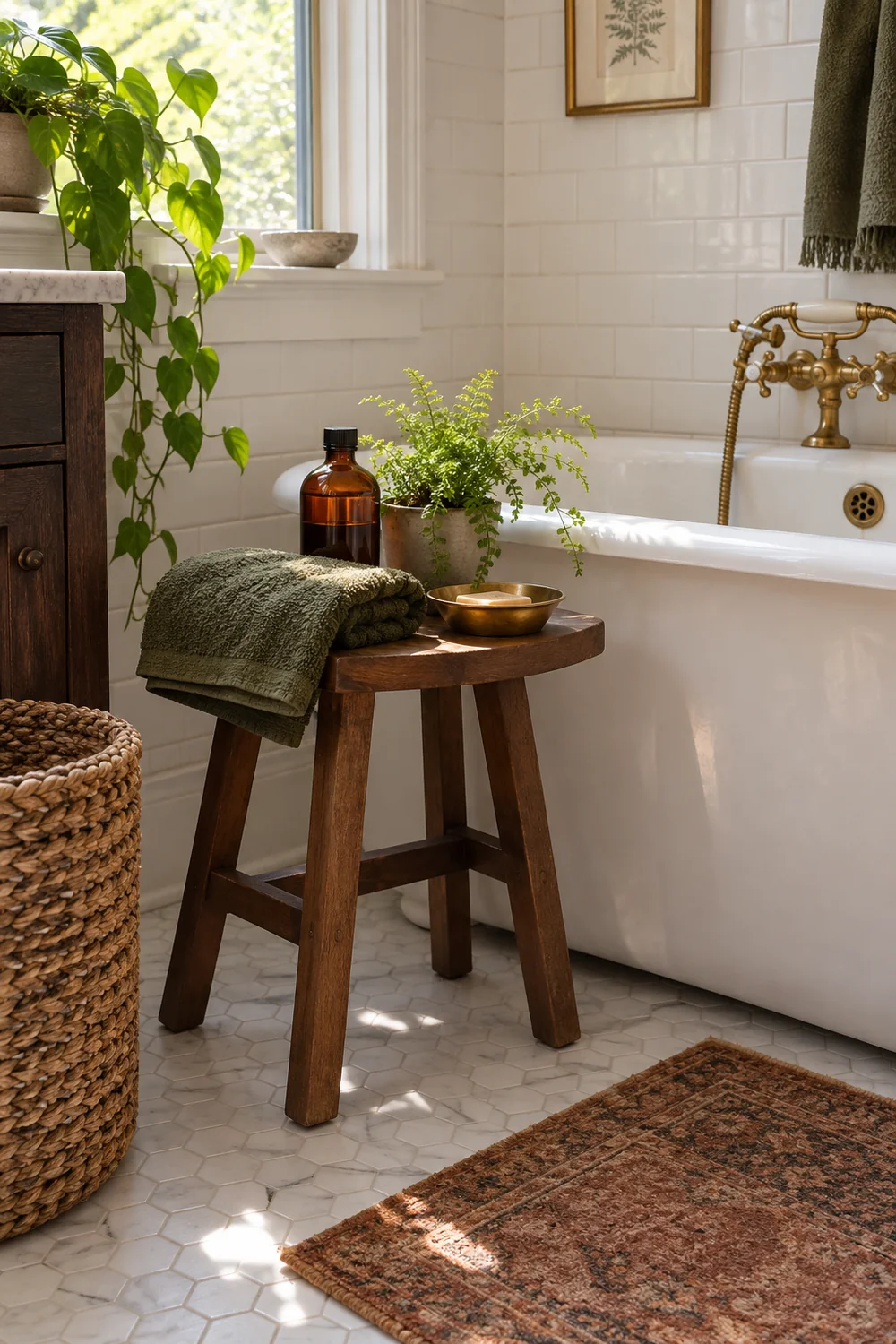 Walnut bathroom stool with folded moss towels an amber bottle a fern and a brass dish beside a white bath