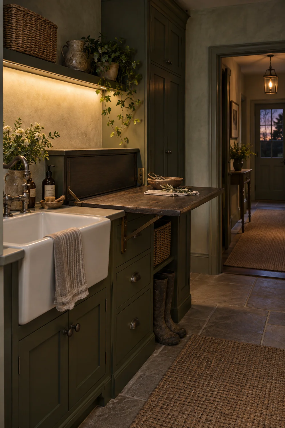 Warm task light over a dark oak laundry counter and ceramic utility sink