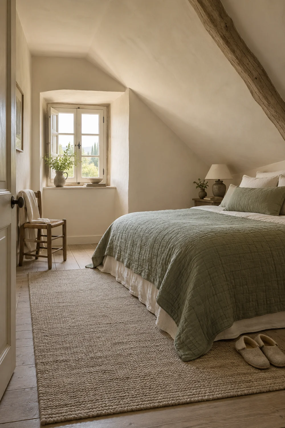 Warm white walls and sloping ceiling with a muted green quilt in a small attic bedroom