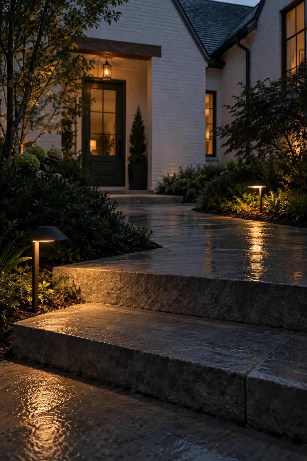 Wet limestone steps and path lights leading toward green farmhouse door at dusk