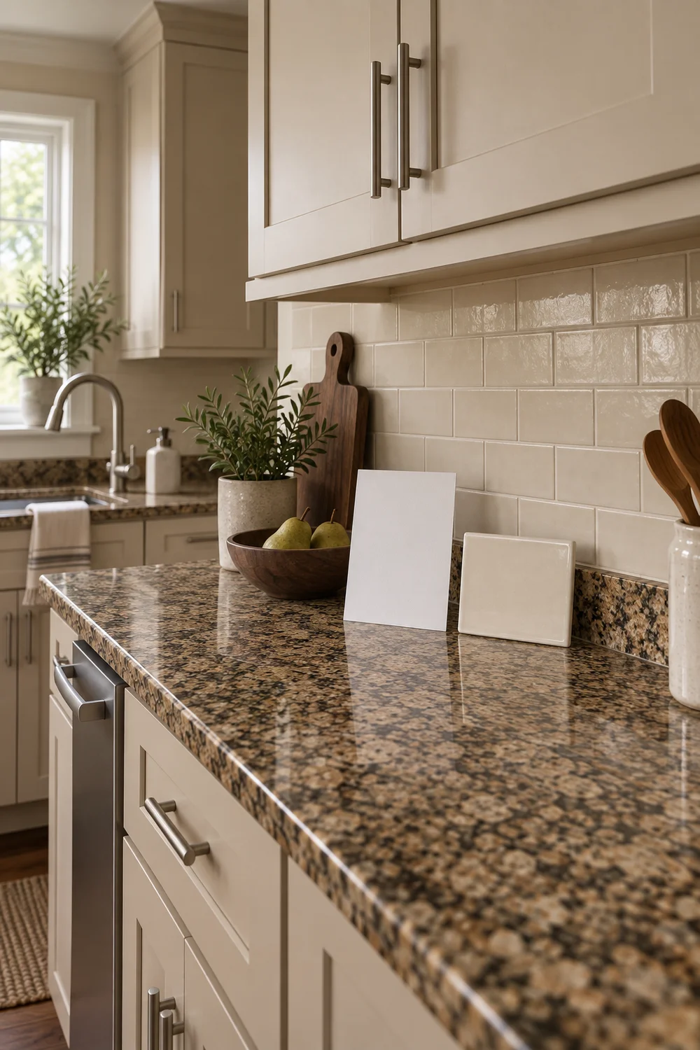 White card and cream tile sample standing on brown granite beneath beige kitchen cabinets