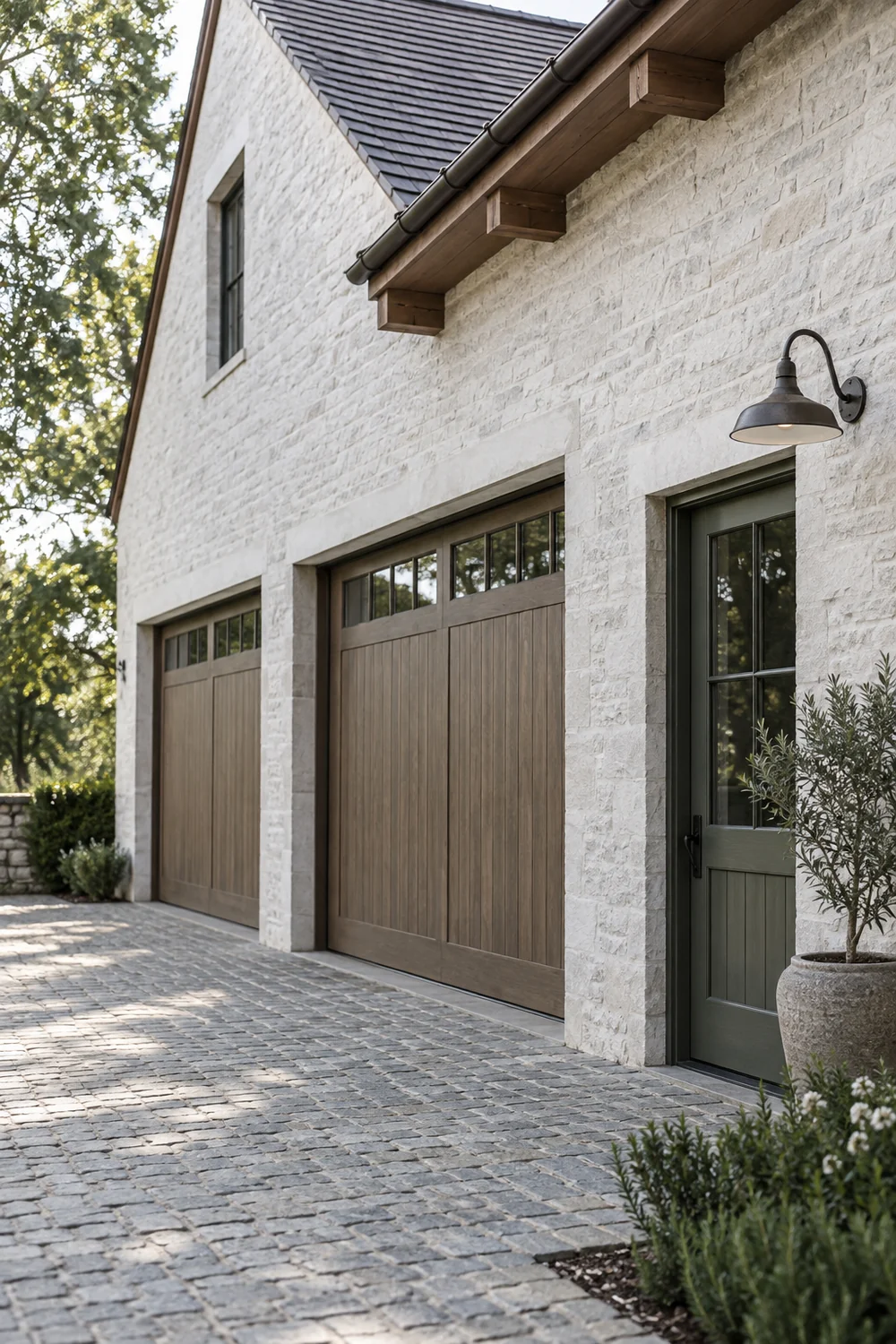 White farmhouse garage and green side door with a black barn light in daylight