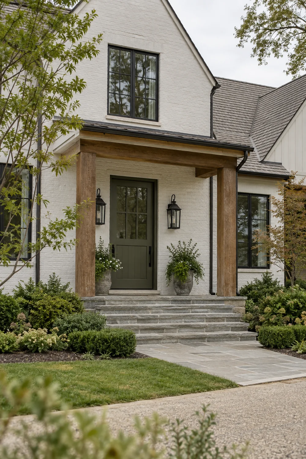 White farmhouse porch and green front door with black wall lanterns in daylight