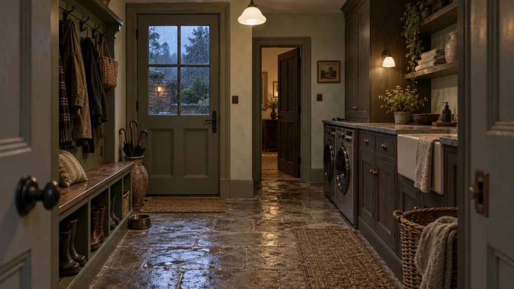 Wide English country mudroom laundry room with olive cabinets and a clear stone route at rainy dusk