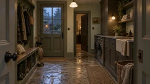 Wide English country mudroom laundry room with olive cabinets and a clear stone route at rainy dusk