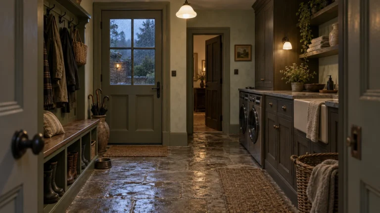 Wide English country mudroom laundry room with olive cabinets and a clear stone route at rainy dusk